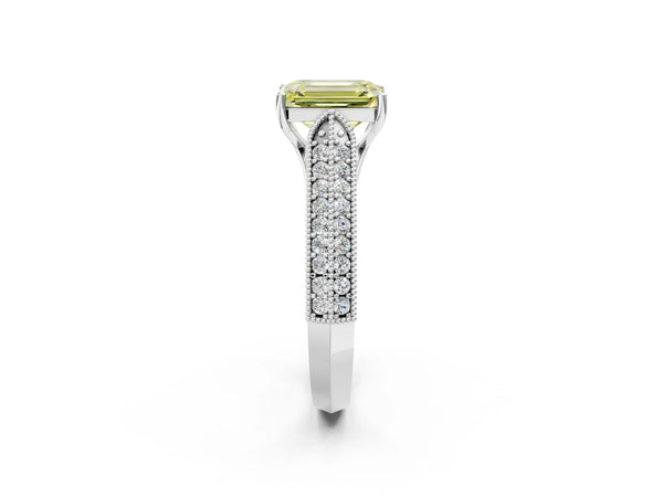 White gold Fancy Yellow Emerald Cut Cut Pave Split Shank Engagement Ring with Four-Prong Setting