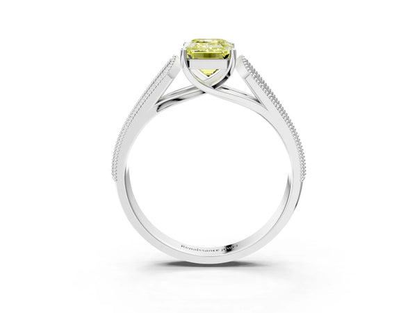 White gold Fancy Yellow Emerald Cut Cut Pave Split Shank Engagement Ring with Four-Prong Setting