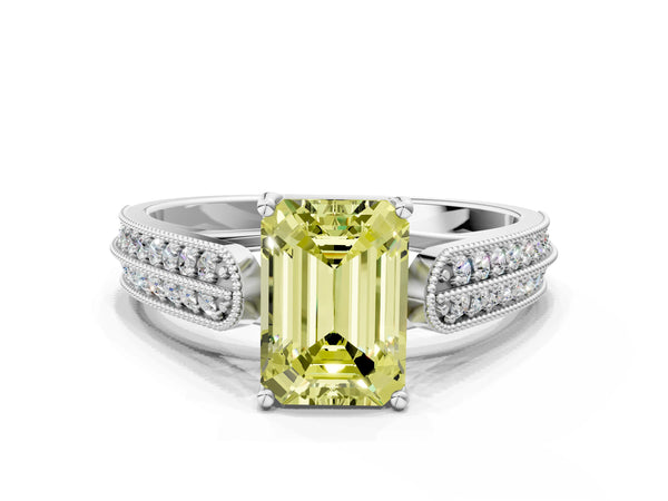 White gold Fancy Yellow Emerald Cut Cut Pave Split Shank Engagement Ring with Four-Prong Setting