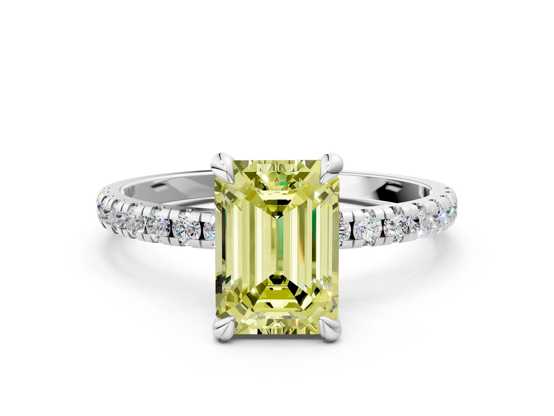 White gold Fancy Yellow Emerald Cut Diamond Brilliant Solitaire Ring with Pavé Band and Four-Prong Setting_12