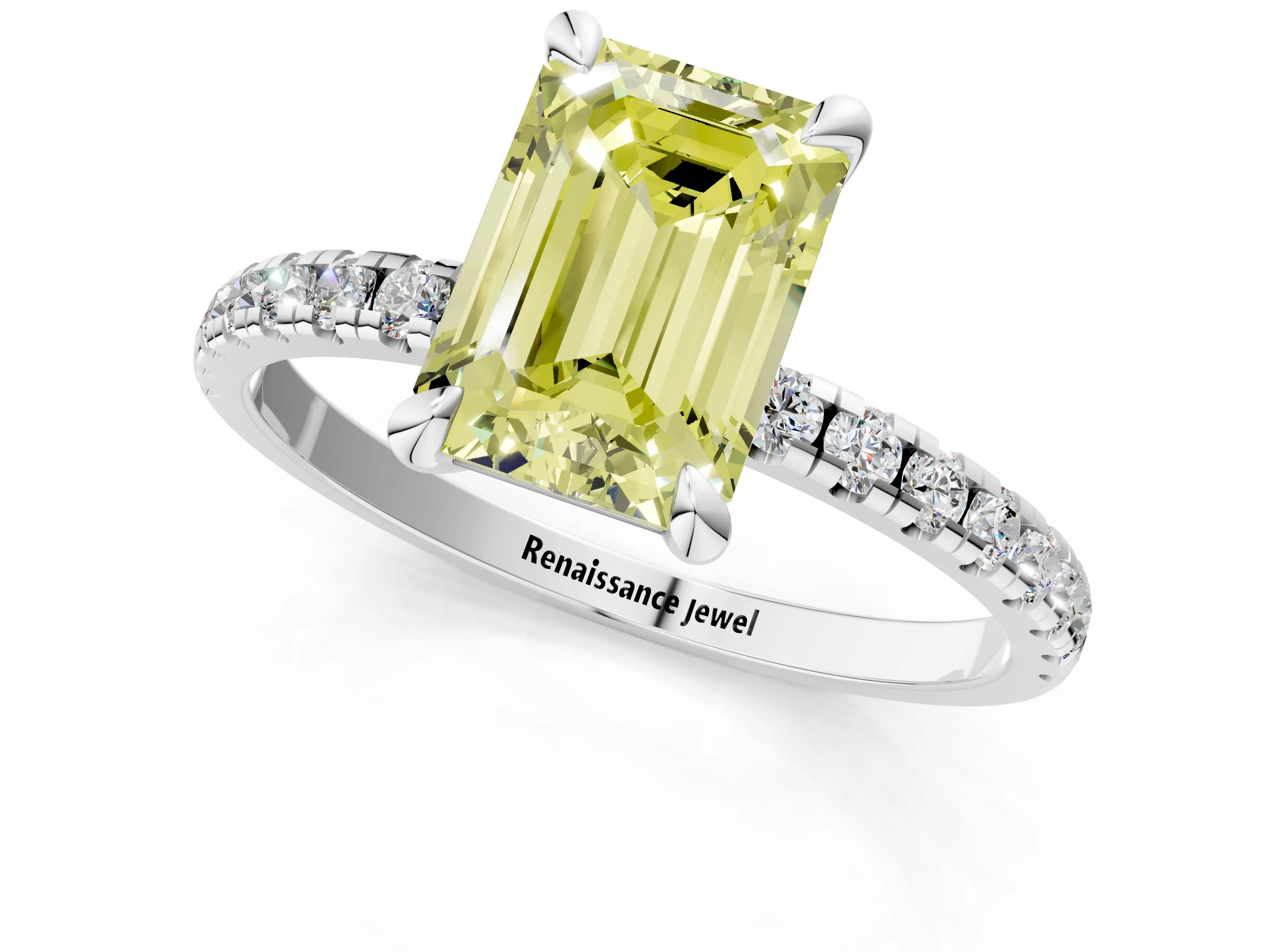 White gold Fancy Yellow Emerald Cut Diamond Brilliant Solitaire Ring with Pavé Band and Four-Prong Setting_1