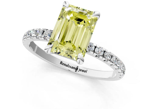 White gold Fancy Yellow Emerald Cut Diamond Brilliant Solitaire Ring with Pavé Band and Four-Prong Setting_1