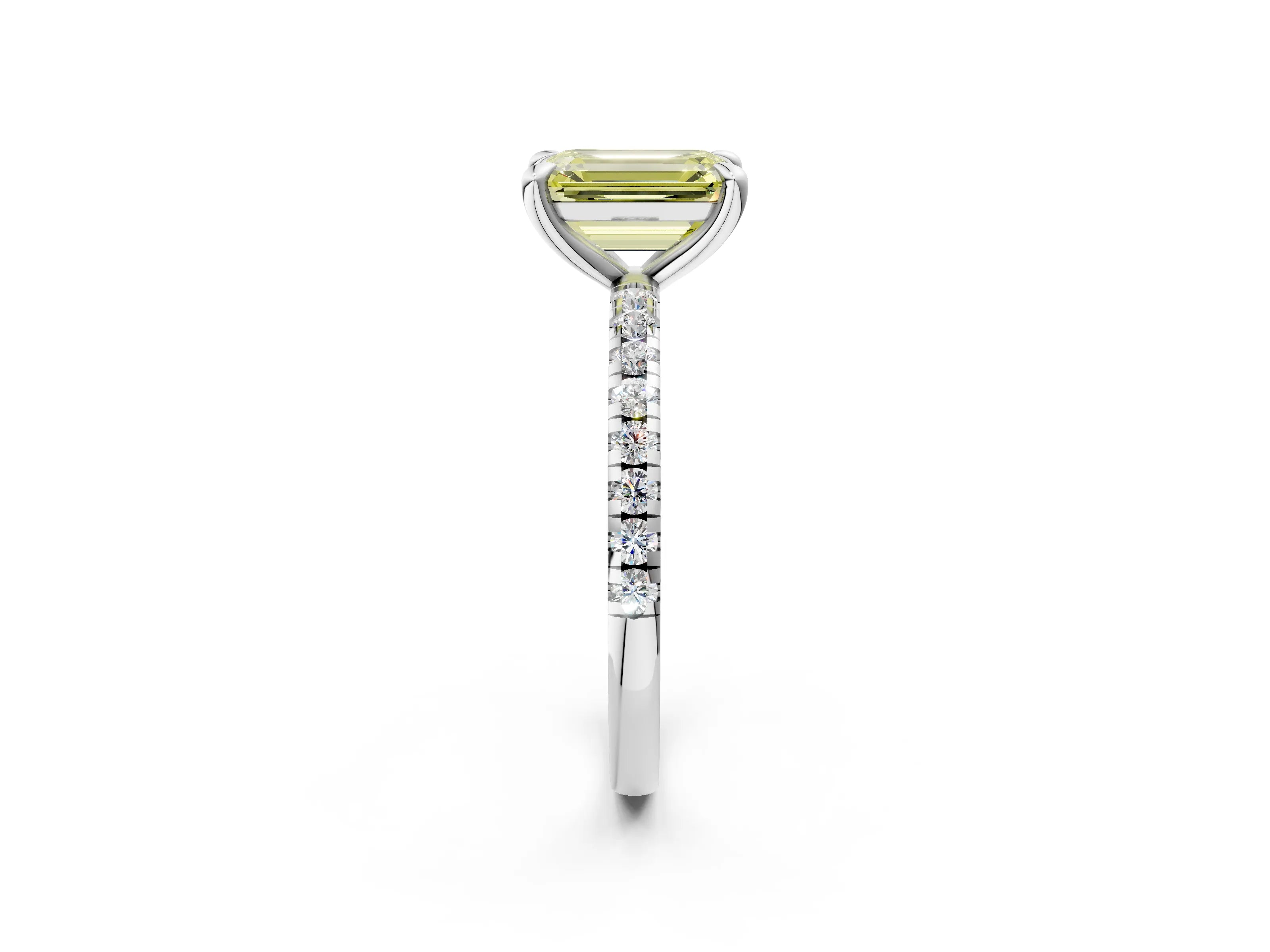 White gold Fancy Yellow Emerald Cut Diamond Brilliant Solitaire Ring with Pavé Band and Four-Prong Setting_2