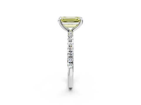 White gold Fancy Yellow Emerald Cut Diamond Brilliant Solitaire Ring with Pavé Band and Four-Prong Setting_2