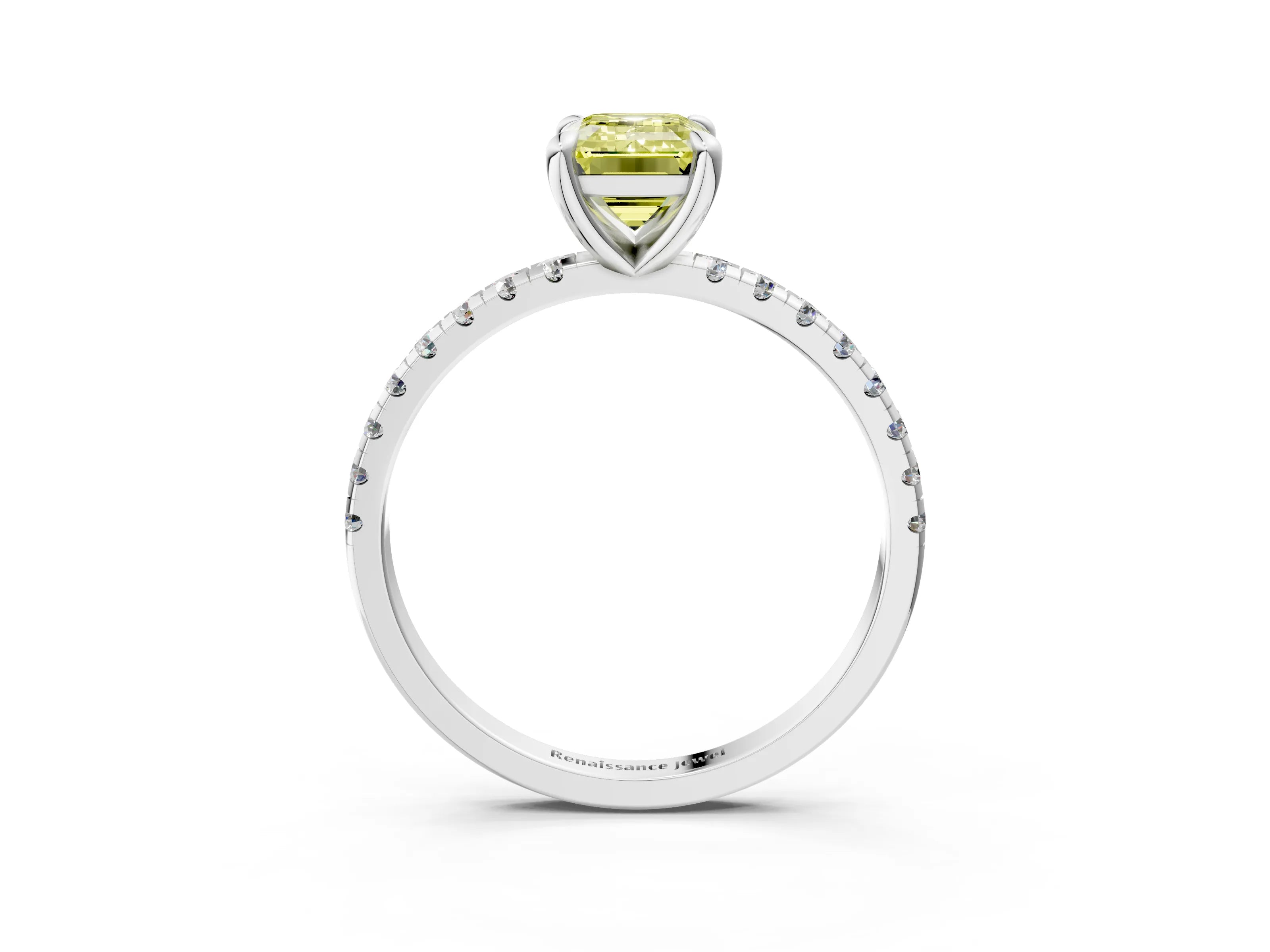 White gold Fancy Yellow Emerald Cut Diamond Brilliant Solitaire Ring with Pavé Band and Four-Prong Setting_3