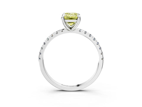 White gold Fancy Yellow Emerald Cut Diamond Brilliant Solitaire Ring with Pavé Band and Four-Prong Setting_3