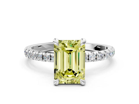 White gold Fancy Yellow Emerald Cut Diamond Brilliant Solitaire Ring with Pavé Band and Four-Prong Setting