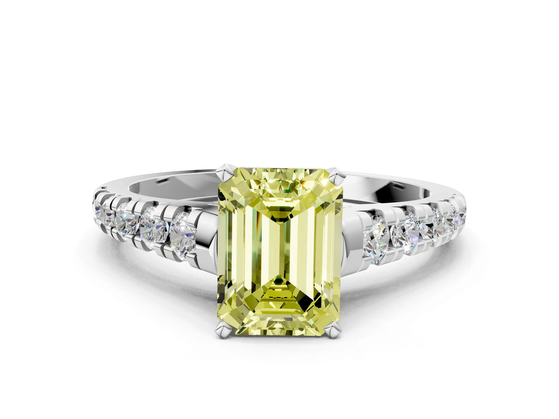 White gold Fancy Yellow Emerald Cut Diamond Cathedral Solitaire Ring with Round  Pavé Band_215