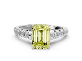 White gold Fancy Yellow Emerald Cut Diamond Cathedral Solitaire Ring with Round  Pavé Band_215