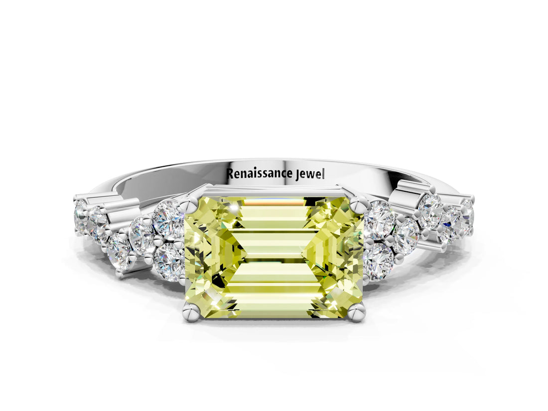 White gold Fancy Yellow Emerald Cut Diamond Cluster Pavé Band with Four-Prong Setting_3