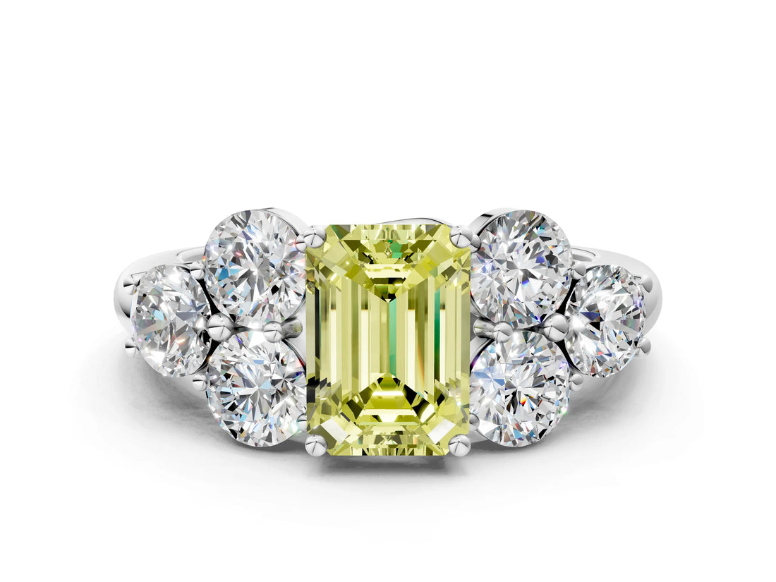 White gold Fancy Yellow Emerald  Cut Diamond Cluster Ring with Round Accent Stones and Prong Setting on a Classic Band_48