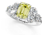 White gold Fancy Yellow Emerald  Cut Diamond Cluster Ring with Round Accent Stones and Prong Setting on a Classic Band_50