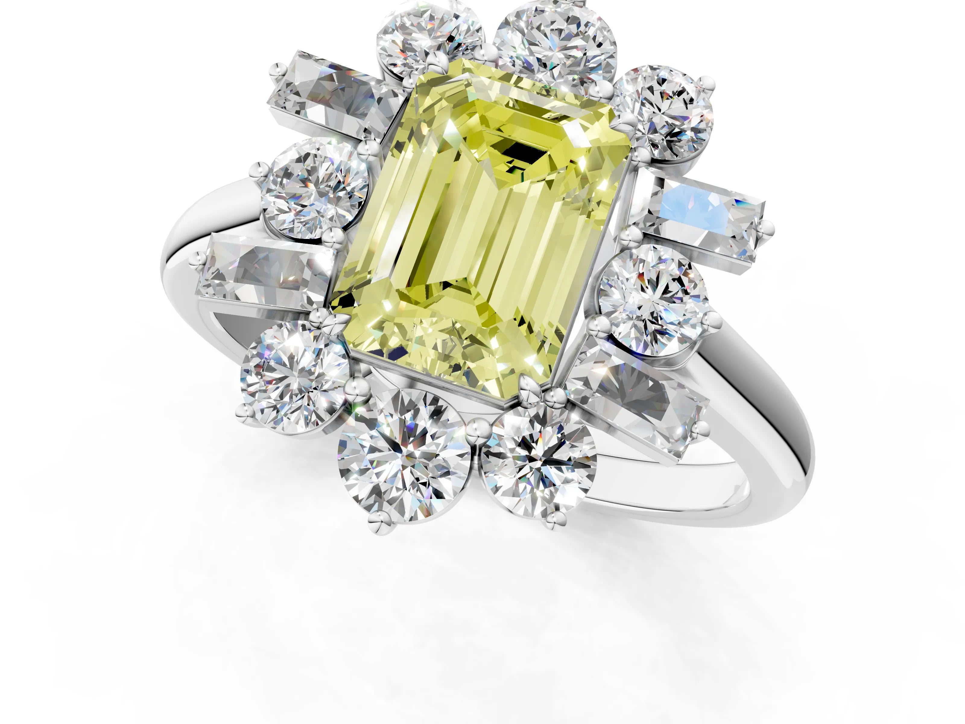 White gold Fancy Yellow Emerald Cut Diamond Cluster Ring with Round and Baguette Stones, Split Shank Band, Prong Setting_1