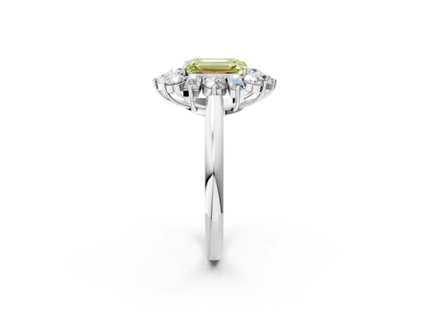 White gold Fancy Yellow Emerald Cut Diamond Cluster Ring with Round and Baguette Stones, Split Shank Band, Prong Setting_14