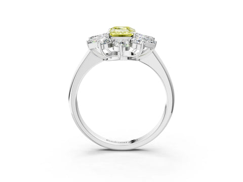 White gold Fancy Yellow Emerald Cut Diamond Cluster Ring with Round and Baguette Stones, Split Shank Band, Prong Setting_15