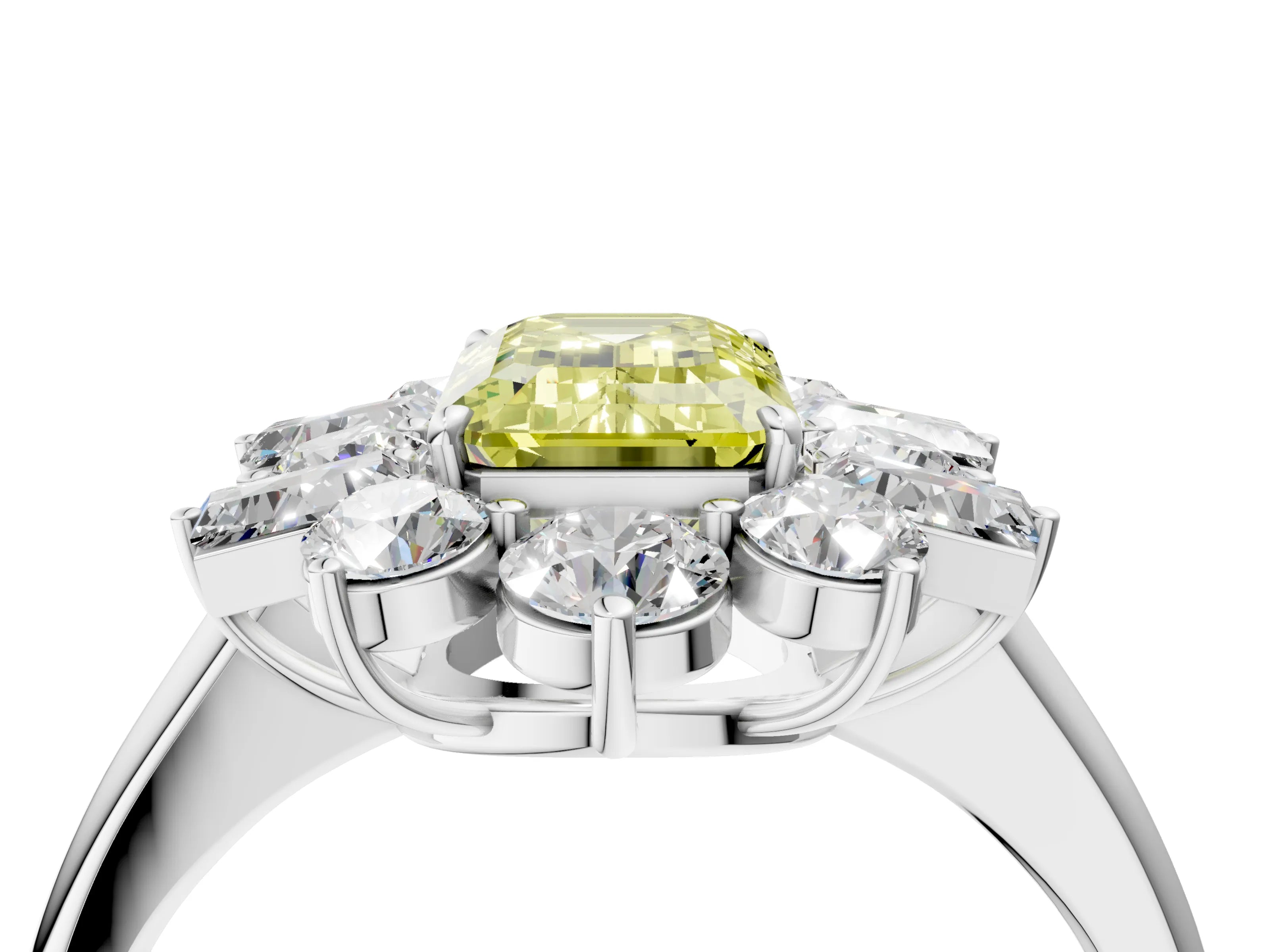 White gold Fancy Yellow Emerald Cut Diamond Cluster Ring with Round and Baguette Stones, Split Shank Band, Prong Setting_16