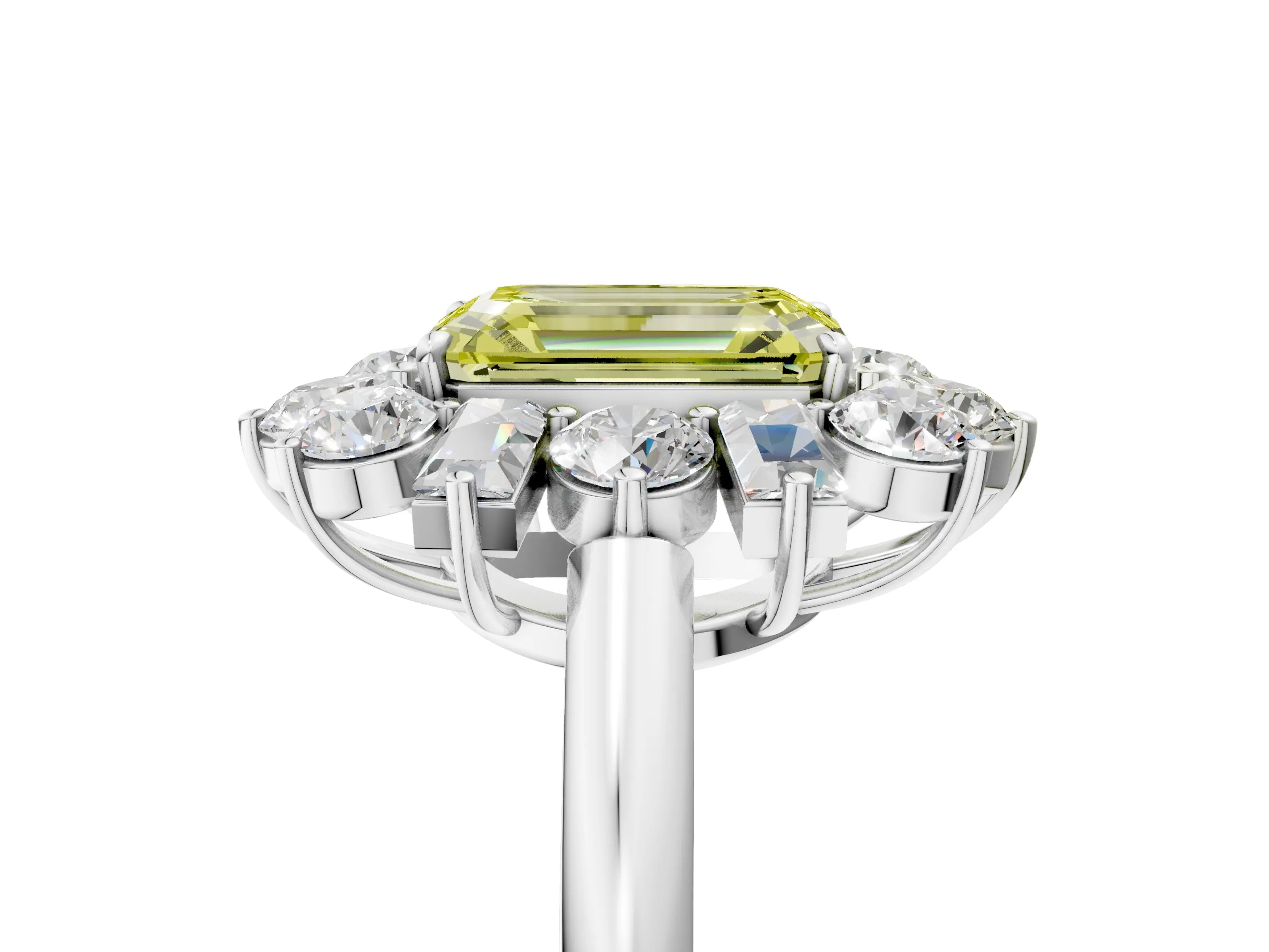 White gold Fancy Yellow Emerald Cut Diamond Cluster Ring with Round and Baguette Stones, Split Shank Band, Prong Setting_17