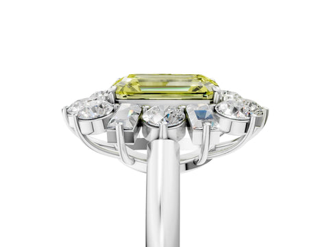White gold Fancy Yellow Emerald Cut Diamond Cluster Ring with Round and Baguette Stones, Split Shank Band, Prong Setting_17