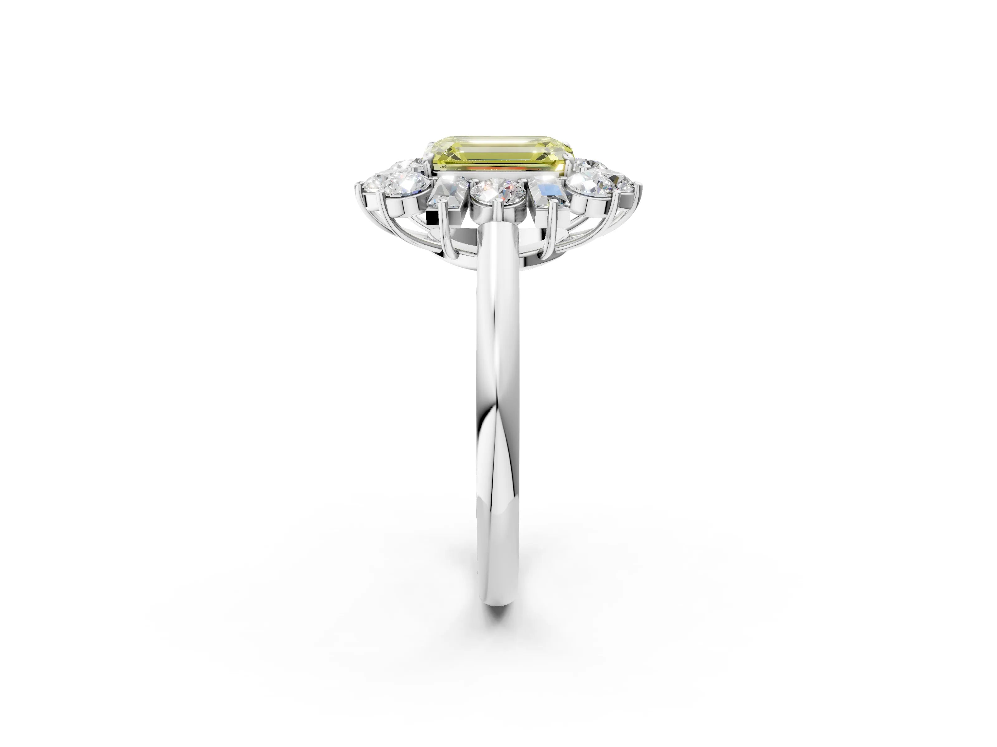 White gold Fancy Yellow Emerald Cut Diamond Cluster Ring with Round and Baguette Stones, Split Shank Band, Prong Setting_2