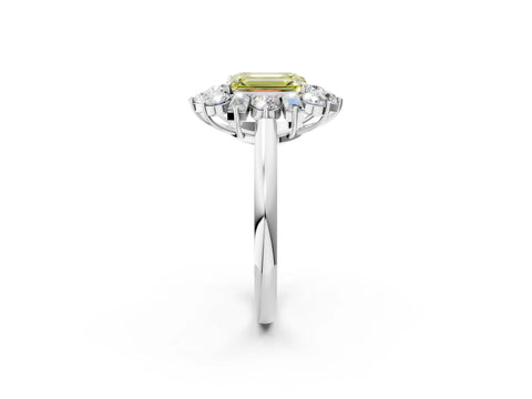 White gold Fancy Yellow Emerald Cut Diamond Cluster Ring with Round and Baguette Stones, Split Shank Band, Prong Setting_2