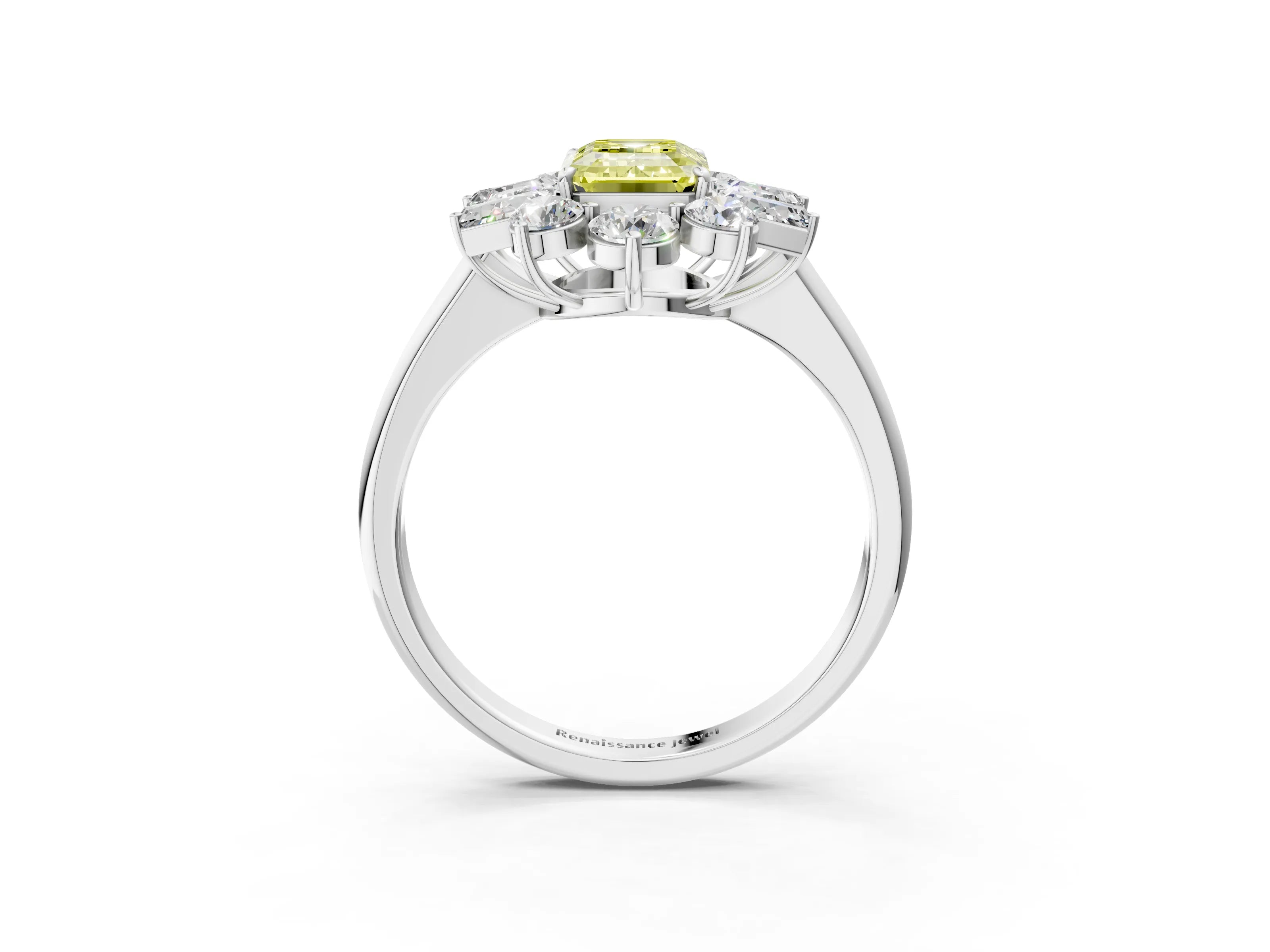 White gold Fancy Yellow Emerald Cut Diamond Cluster Ring with Round and Baguette Stones, Split Shank Band, Prong Setting_3