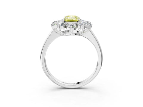 White gold Fancy Yellow Emerald Cut Diamond Cluster Ring with Round and Baguette Stones, Split Shank Band, Prong Setting_3