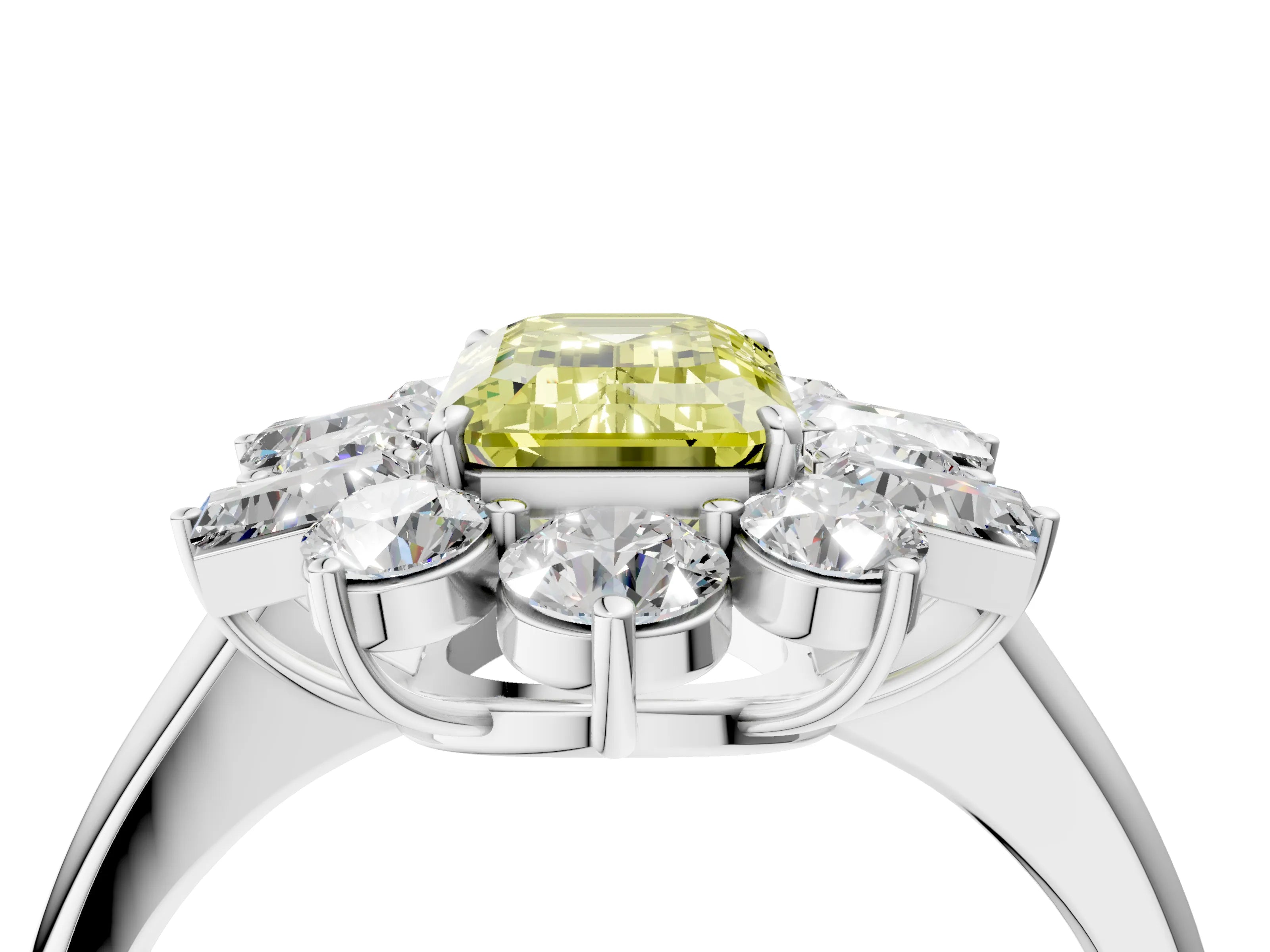 White gold Fancy Yellow Emerald Cut Diamond Cluster Ring with Round and Baguette Stones, Split Shank Band, Prong Setting_4