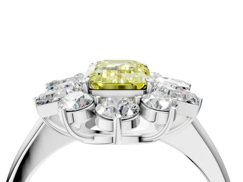 White gold Fancy Yellow Emerald Cut Diamond Cluster Ring with Round and Baguette Stones, Split Shank Band, Prong Setting_4