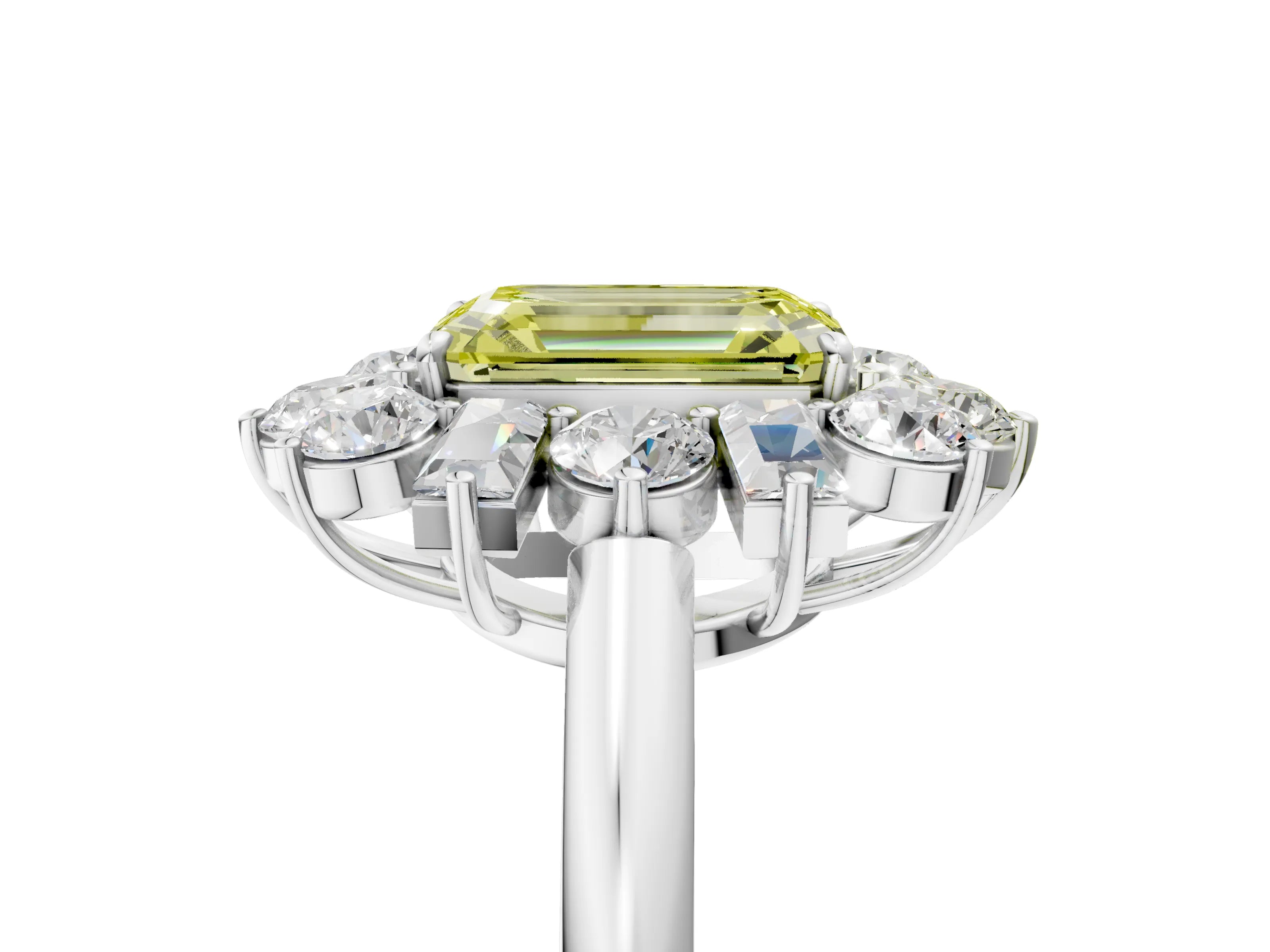 White gold Fancy Yellow Emerald Cut Diamond Cluster Ring with Round and Baguette Stones, Split Shank Band, Prong Setting_5