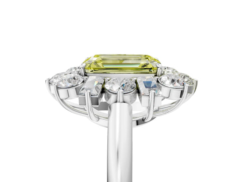 White gold Fancy Yellow Emerald Cut Diamond Cluster Ring with Round and Baguette Stones, Split Shank Band, Prong Setting_5