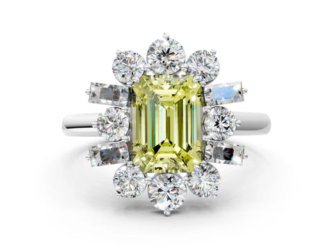 White gold Fancy Yellow Emerald Cut Diamond Cluster Ring with Round and Baguette Stones, Split Shank Band, Prong Setting