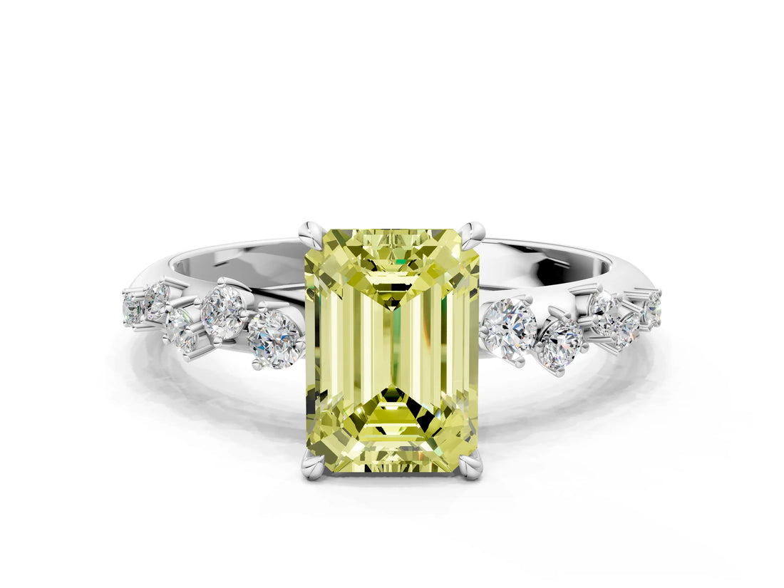 White gold Fancy Yellow Emerald Cut Diamond Cluster Side Stone Solitaire Ring with Prong Setting_77
