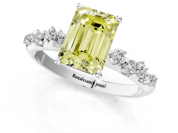 Platinum Fancy Yellow Emerald Cut Diamond Cluster Side Stone Solitaire Ring with Prong Setting