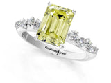 White gold Fancy Yellow Emerald Cut Diamond Cluster Side Stone Solitaire Ring with Prong Setting_78