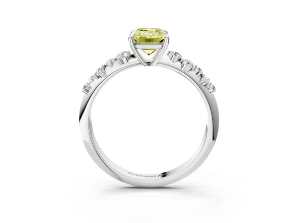 Platinum Fancy Yellow Emerald Cut Diamond Cluster Side Stone Solitaire Ring with Prong Setting