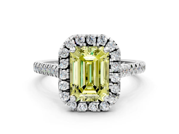 White gold Fancy Yellow Emerald Cut Diamond Cushion Halo Ring with Pavé Band