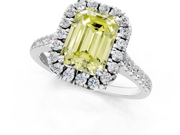 White gold Fancy Yellow Emerald Cut Diamond Cushion Halo Ring with Pavé Band