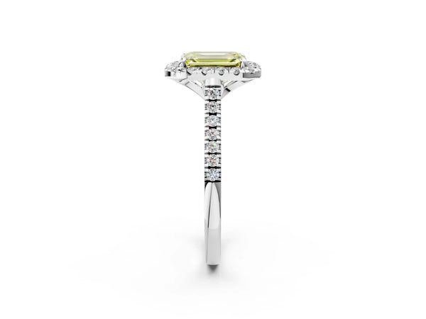 White gold Fancy Yellow Emerald Cut Diamond Cushion Halo Ring with Pavé Band