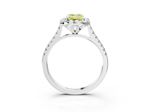 White gold Fancy Yellow Emerald Cut Diamond Cushion Halo Ring with Pavé Band
