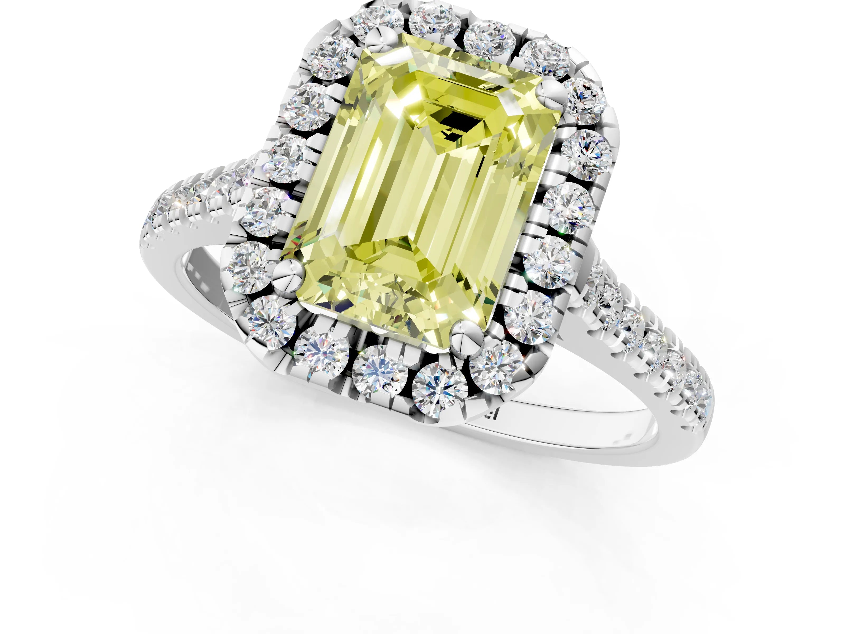 White gold Fancy Yellow Emerald Cut Diamond Cushion Halo Ring with Pavé Band_1