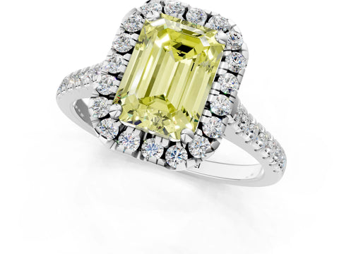White gold Fancy Yellow Emerald Cut Diamond Cushion Halo Ring with Pavé Band_1
