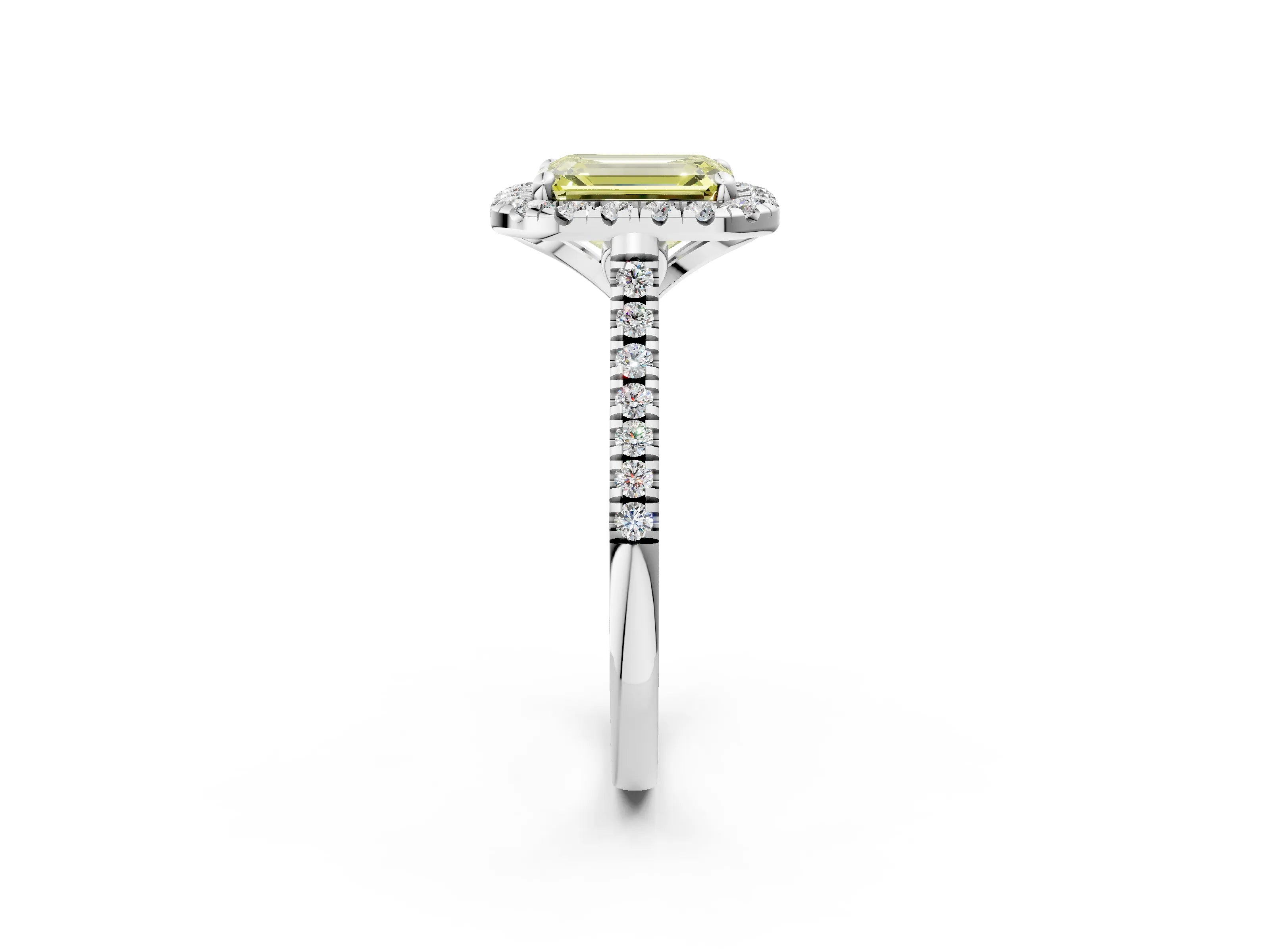 White gold Fancy Yellow Emerald Cut Diamond Cushion Halo Ring with Pavé Band_2