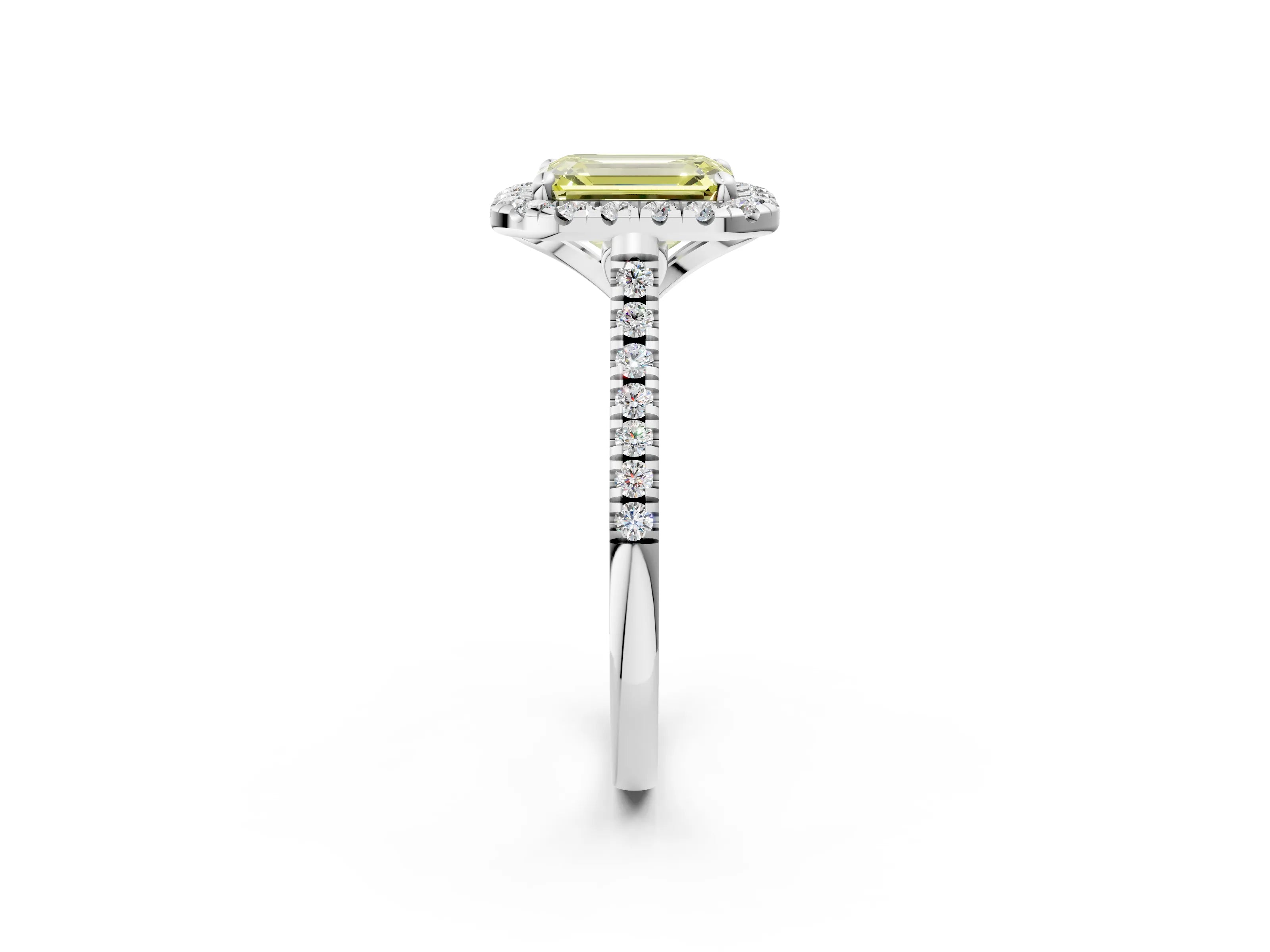 White gold Fancy Yellow Emerald Cut Diamond Cushion Halo Ring with Pavé Band_2