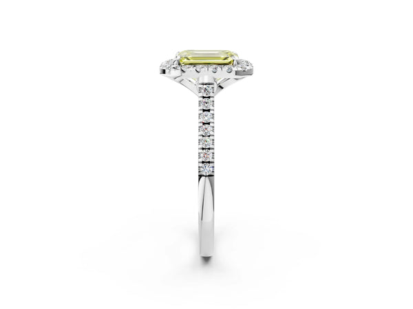 White gold Fancy Yellow Emerald Cut Diamond Cushion Halo Ring with Pavé Band