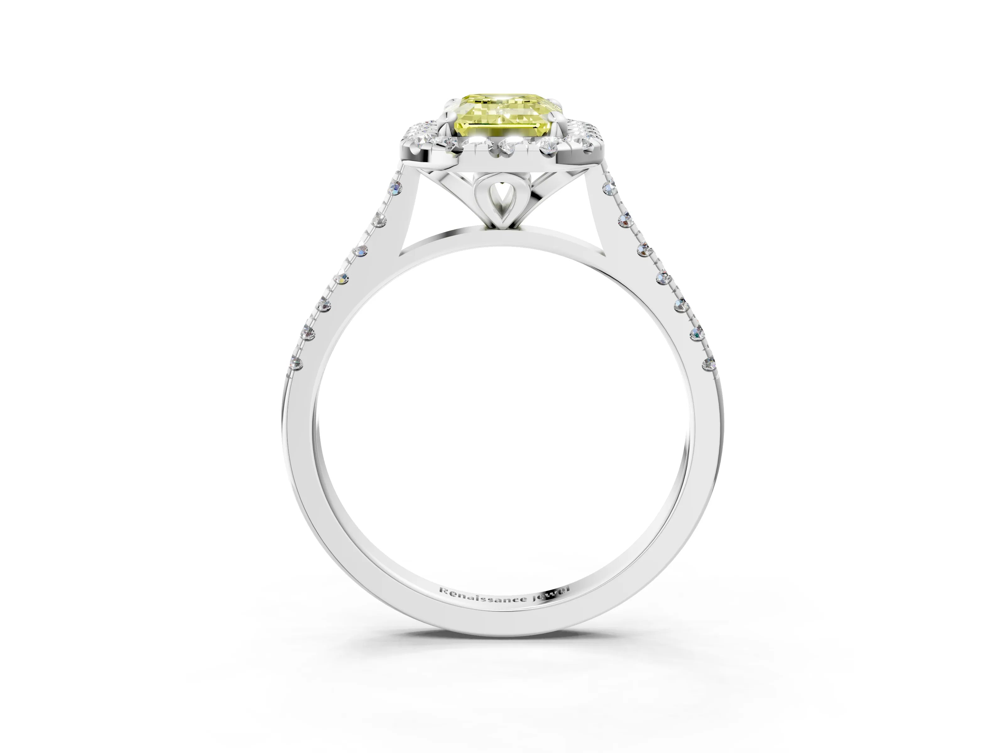 White gold Fancy Yellow Emerald Cut Diamond Cushion Halo Ring with Pavé Band_3