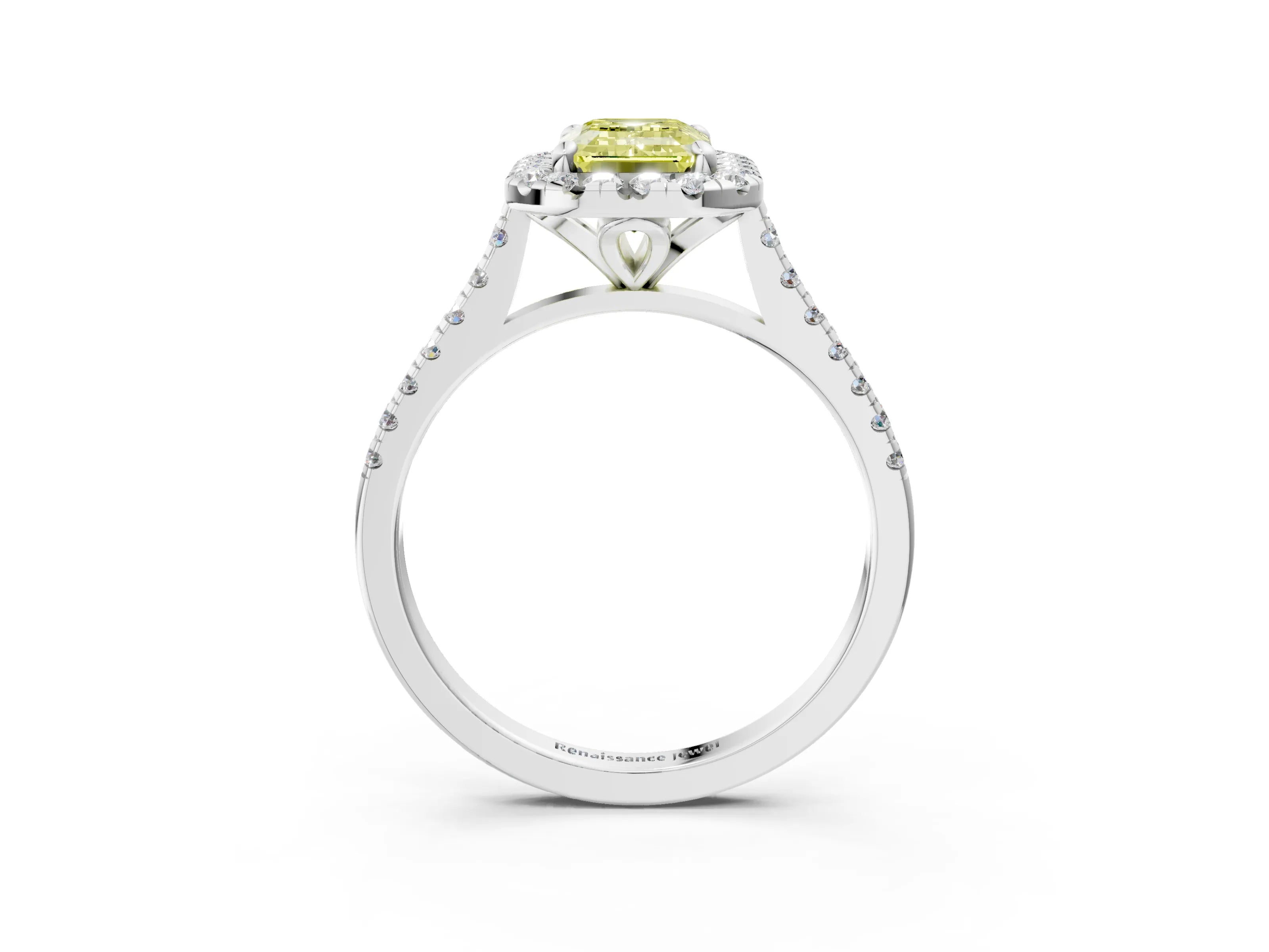 White gold Fancy Yellow Emerald Cut Diamond Cushion Halo Ring with Pavé Band_3