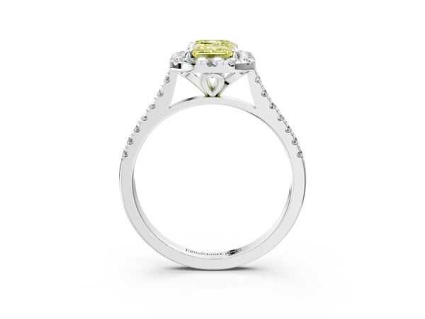 White gold Fancy Yellow Emerald Cut Diamond Cushion Halo Ring with Pavé Band