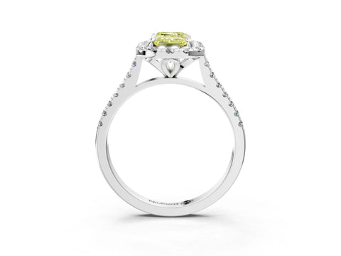 White gold Fancy Yellow Emerald Cut Diamond Cushion Halo Ring with Pavé Band_3