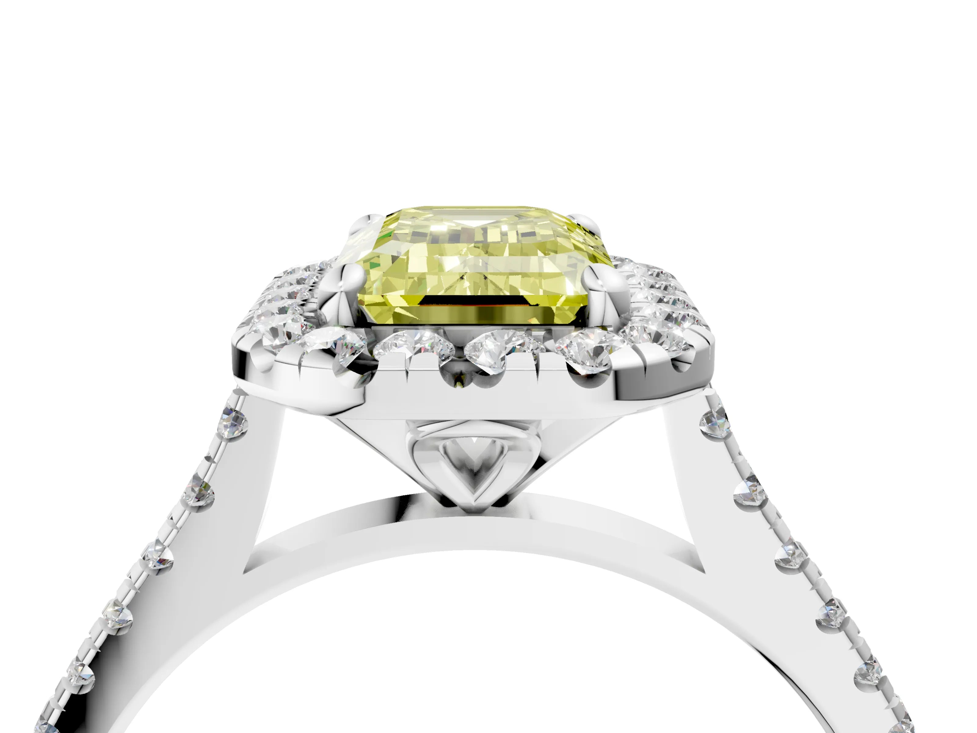 White gold Fancy Yellow Emerald Cut Diamond Cushion Halo Ring with Pavé Band_4