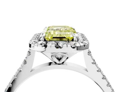 White gold Fancy Yellow Emerald Cut Diamond Cushion Halo Ring with Pavé Band_4